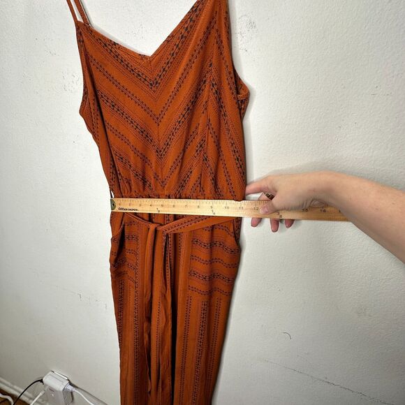 E & M Rust & Black Aztec Print V-Neck Spaghetti Strap Pockets Tie Waist Jumpsuit - Picture 14 of 16